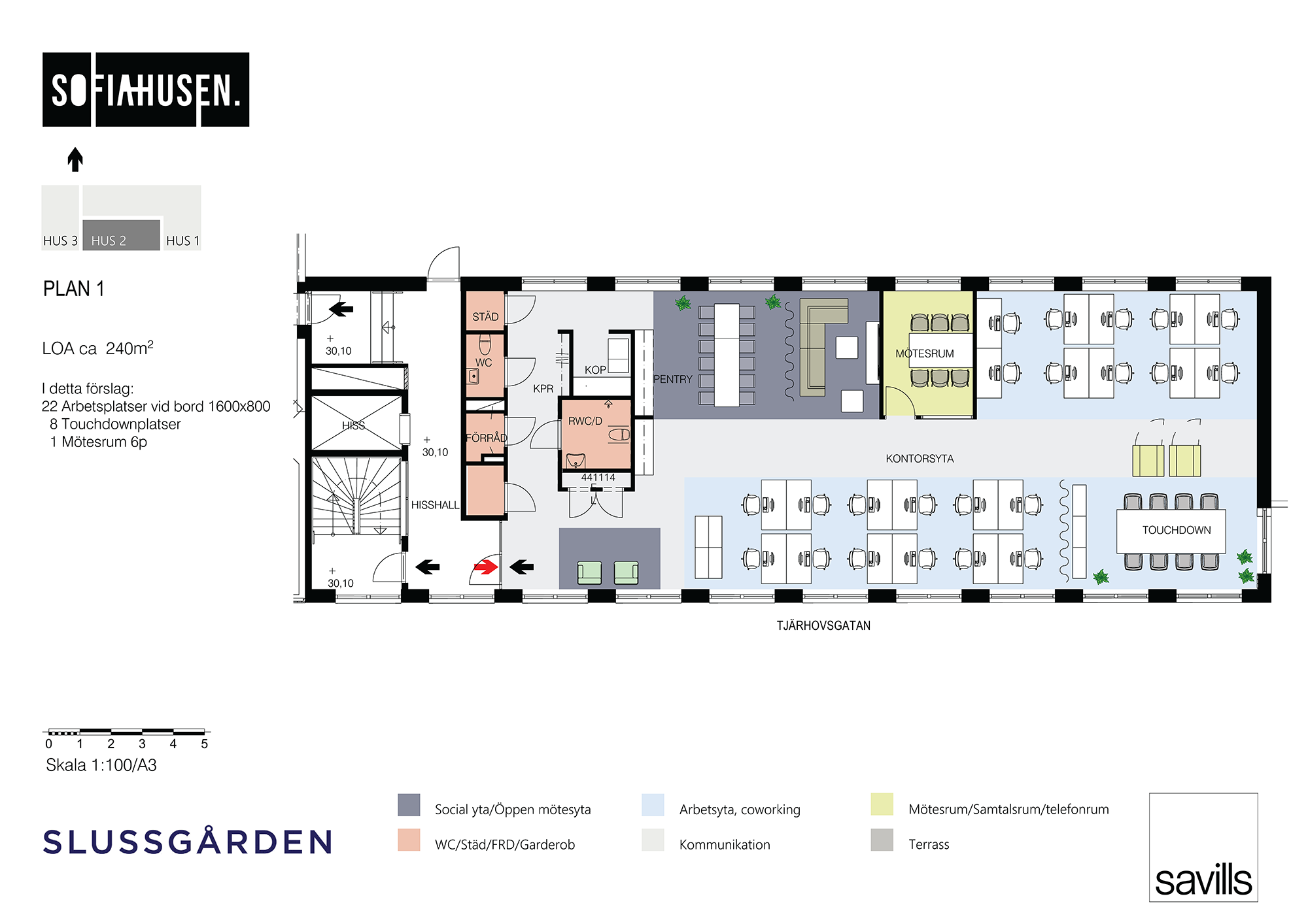 Sofiahusen Hus 2 Plan1 240m2 Förslagsskiss Arbetsplatser Touchdownplatser Mötesrum